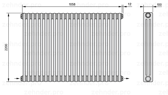 Схема (чертеж) Радиатор Zehnder Charleston 3220/23 №2670 Белый глянцевый RAL 9016